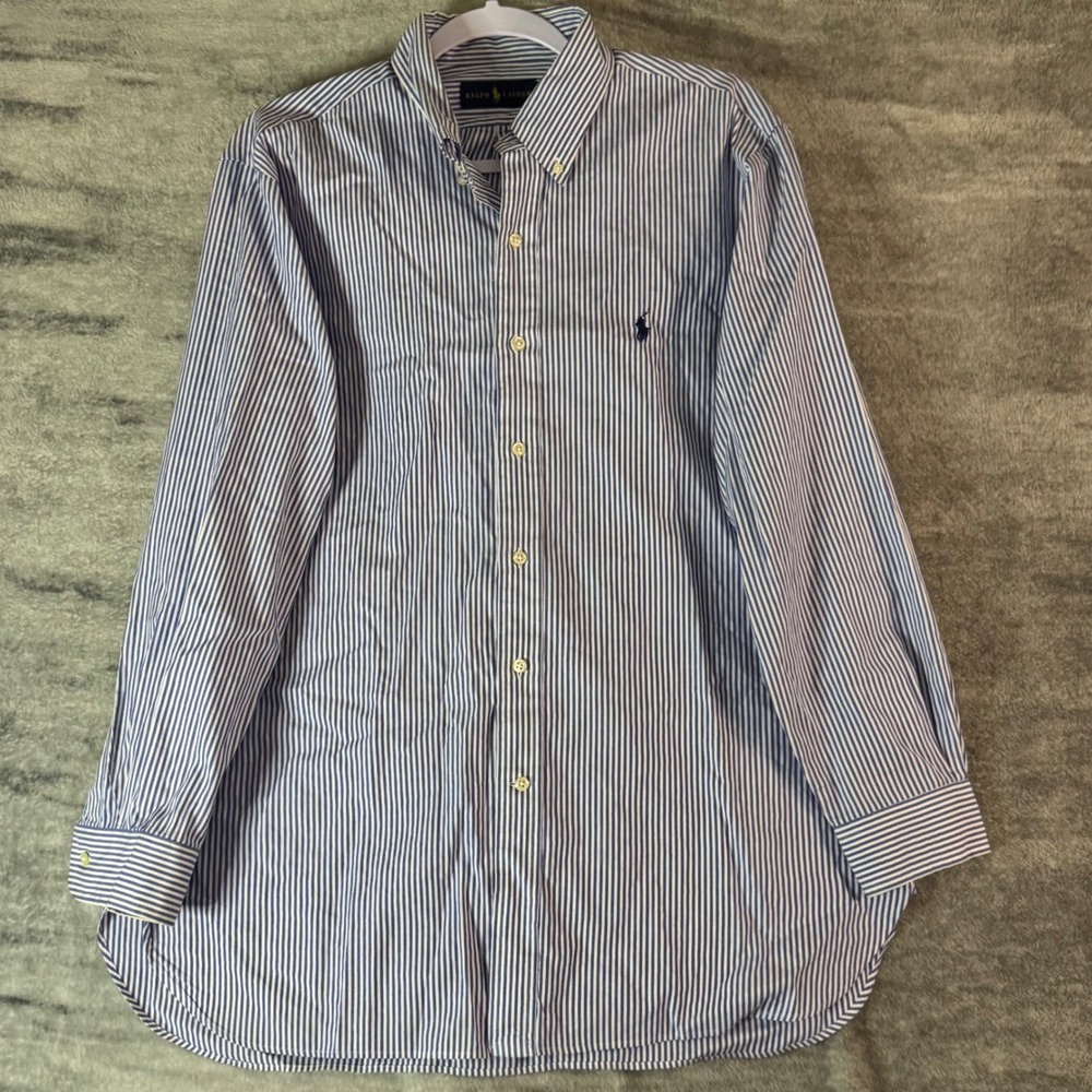 Ralph Lauren Mens Striped Button Down Shirt Blue White Cotton Long Slv